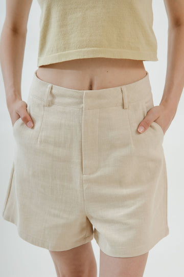 Relaxed High Waist Linen Shorts (Beige)