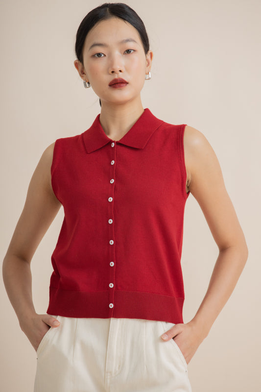 Sleeveless Collar Knit Top (Red)