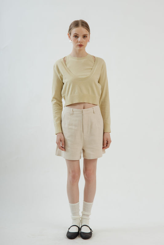 Relaxed High Waist Linen Shorts (Beige)