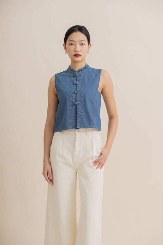 Chinese Knot Button Sleeveless Top (Washed Denim)