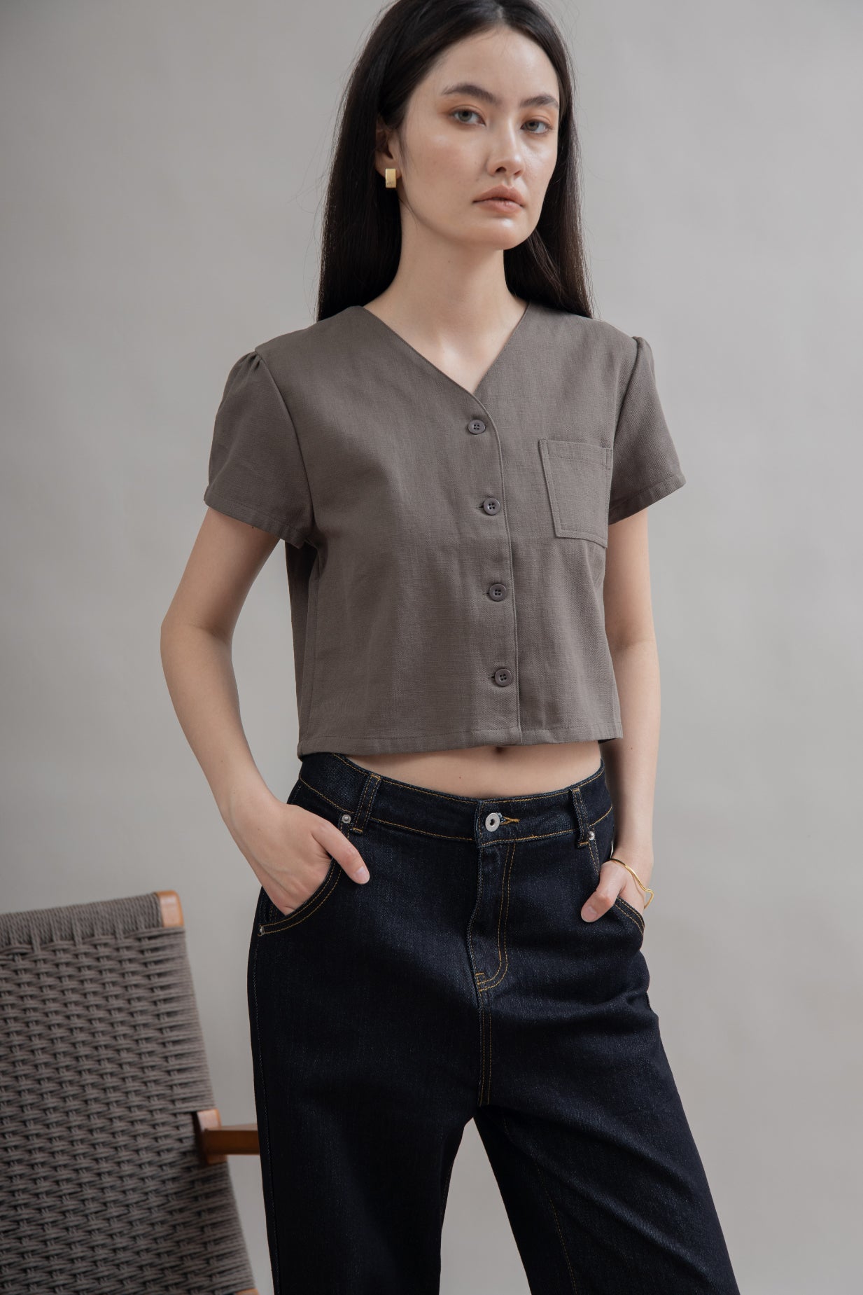 V Neck Button Front Cotton Top (Grey)