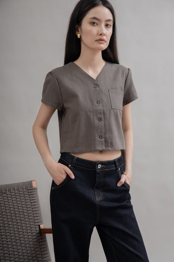 V Neck Button Front Cotton Top (Grey)