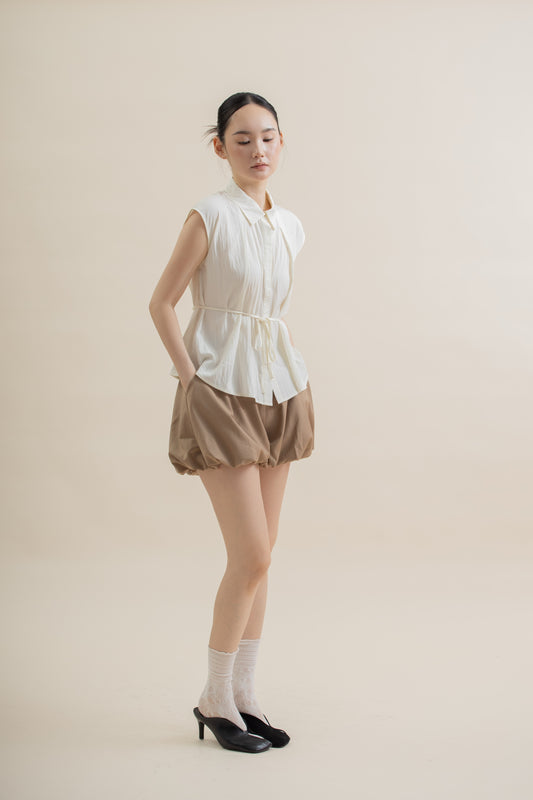 Front Pleated Collared Sleeveless Top (Beige)