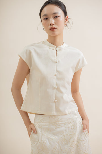 Textured Cap-Sleeve Cheongsam Top (Beige)