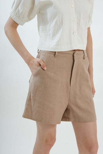 Relaxed High Waist Linen Shorts (Khaki Brown)