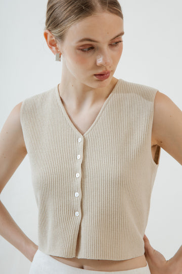 V Neck Sleeveless Ribbed Knit Top (Beige)