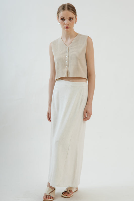 V Neck Sleeveless Ribbed Knit Top (Beige)