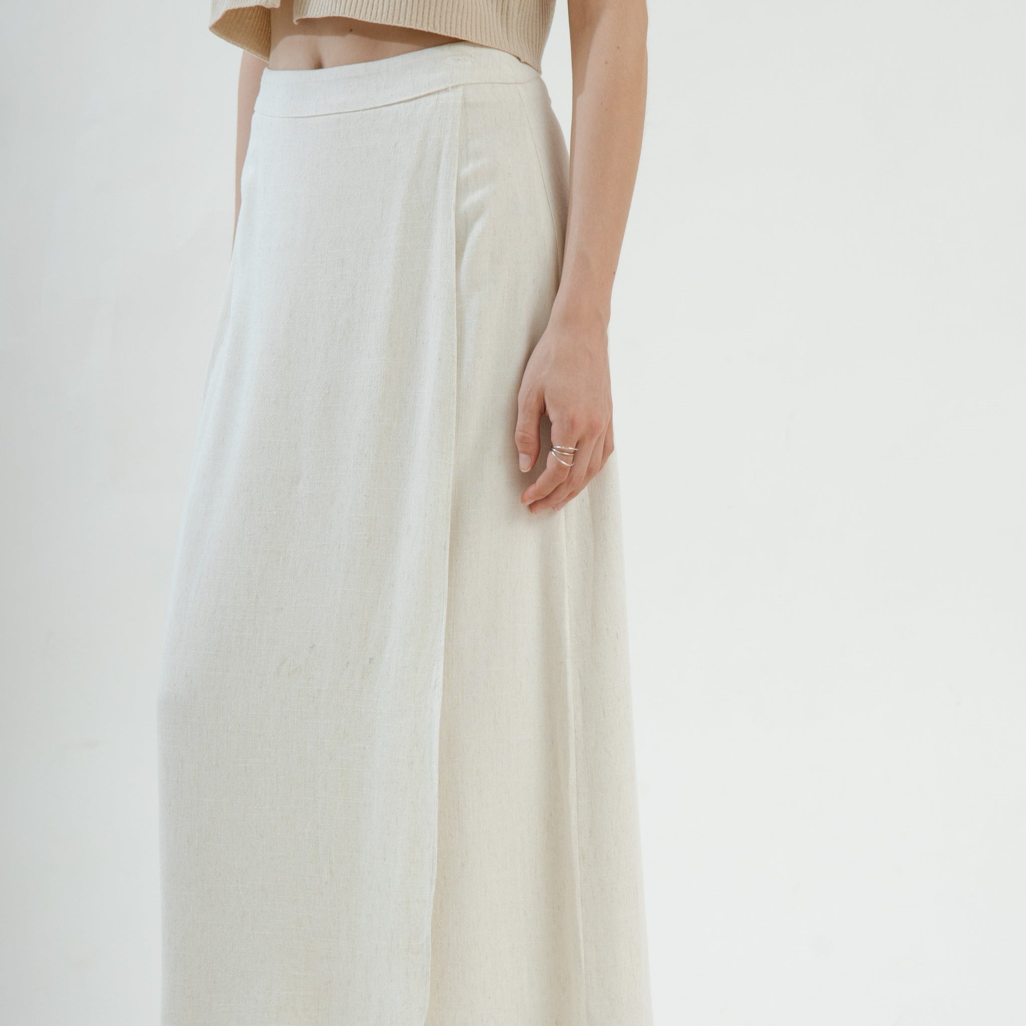 Linen Overlap Long Skirt (Beige)