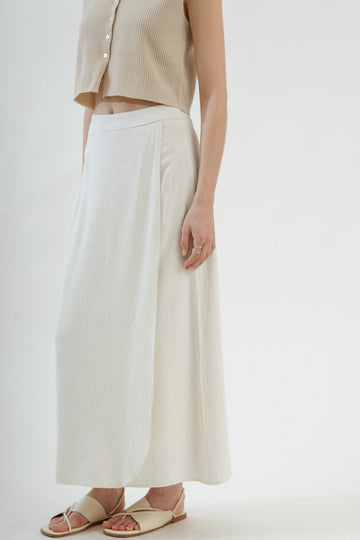 Linen Overlap Long Skirt (Beige)
