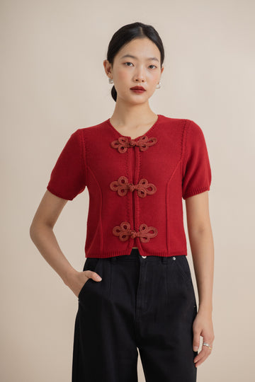 Chinese Knot Down Knit Top (Red)
