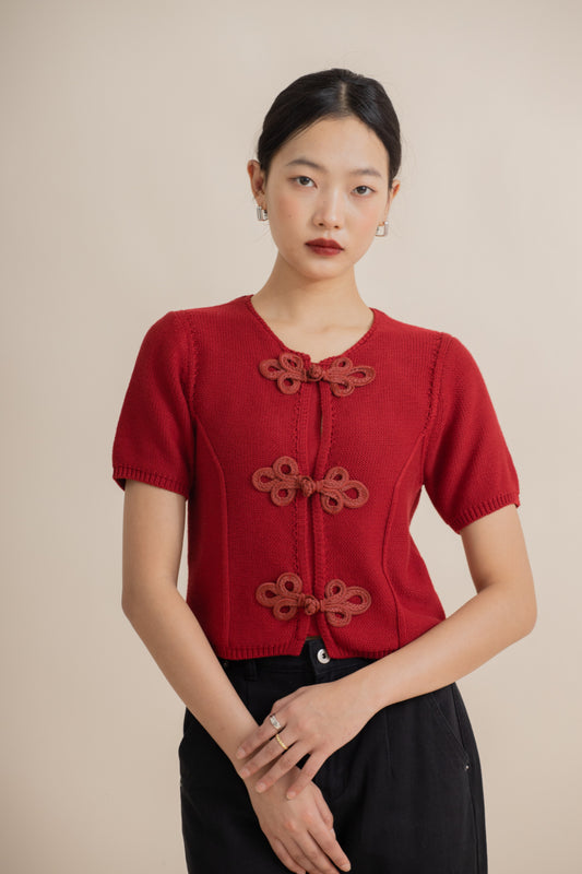 Chinese Knot Down Knit Top (Red)