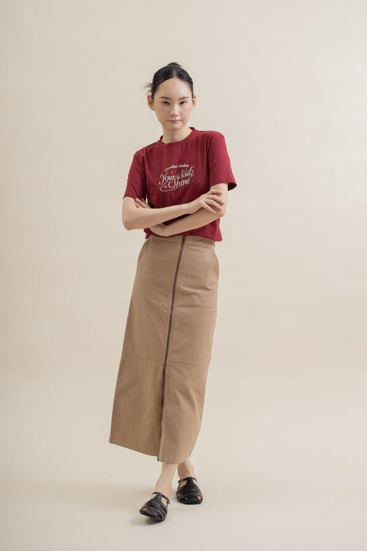 Front Zipper Cut & Sew Long Skirt (Khaki)
