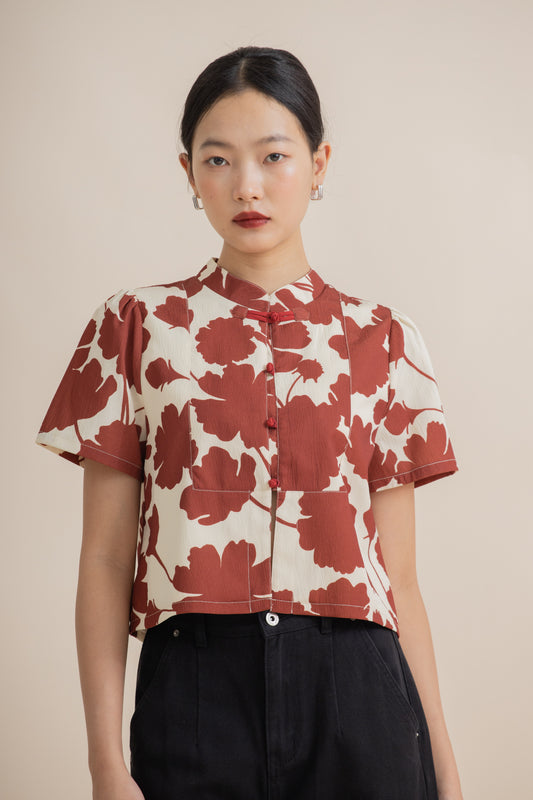 Gilded Petals Short Sleeve Cheonsam Top (Red Floral)