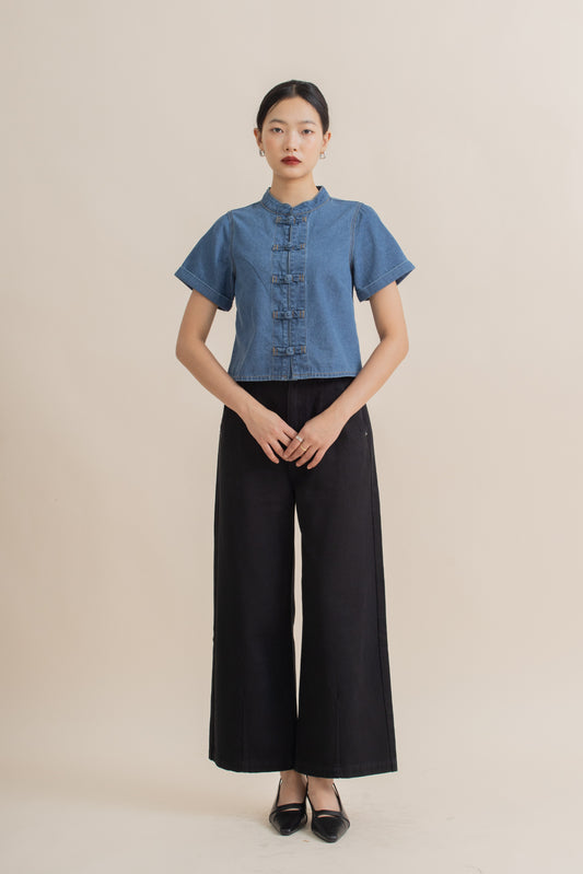 Chinese Knot Folded Short Sleeve Top (Washed Denim)