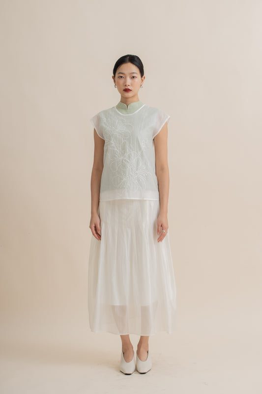 Sheer Blossom Embroidery Layered Top (Pastel Green)