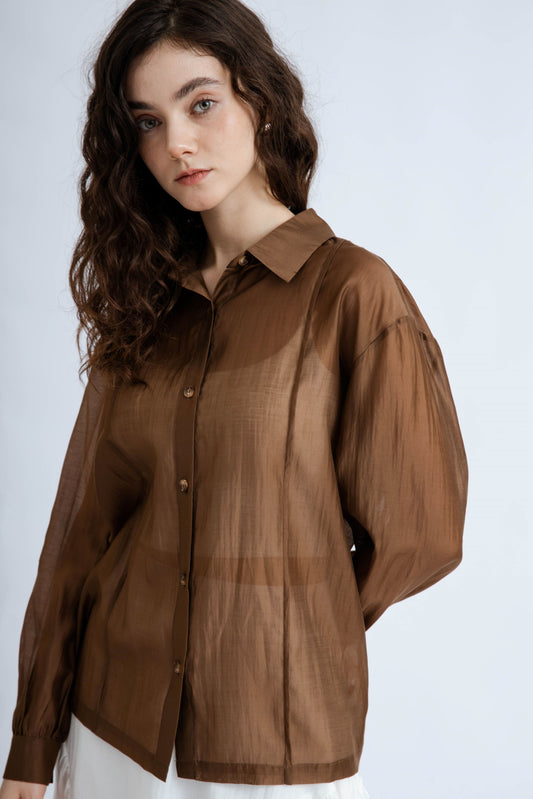 Sheer Long Sleeve Tencel Shirt (Brown)