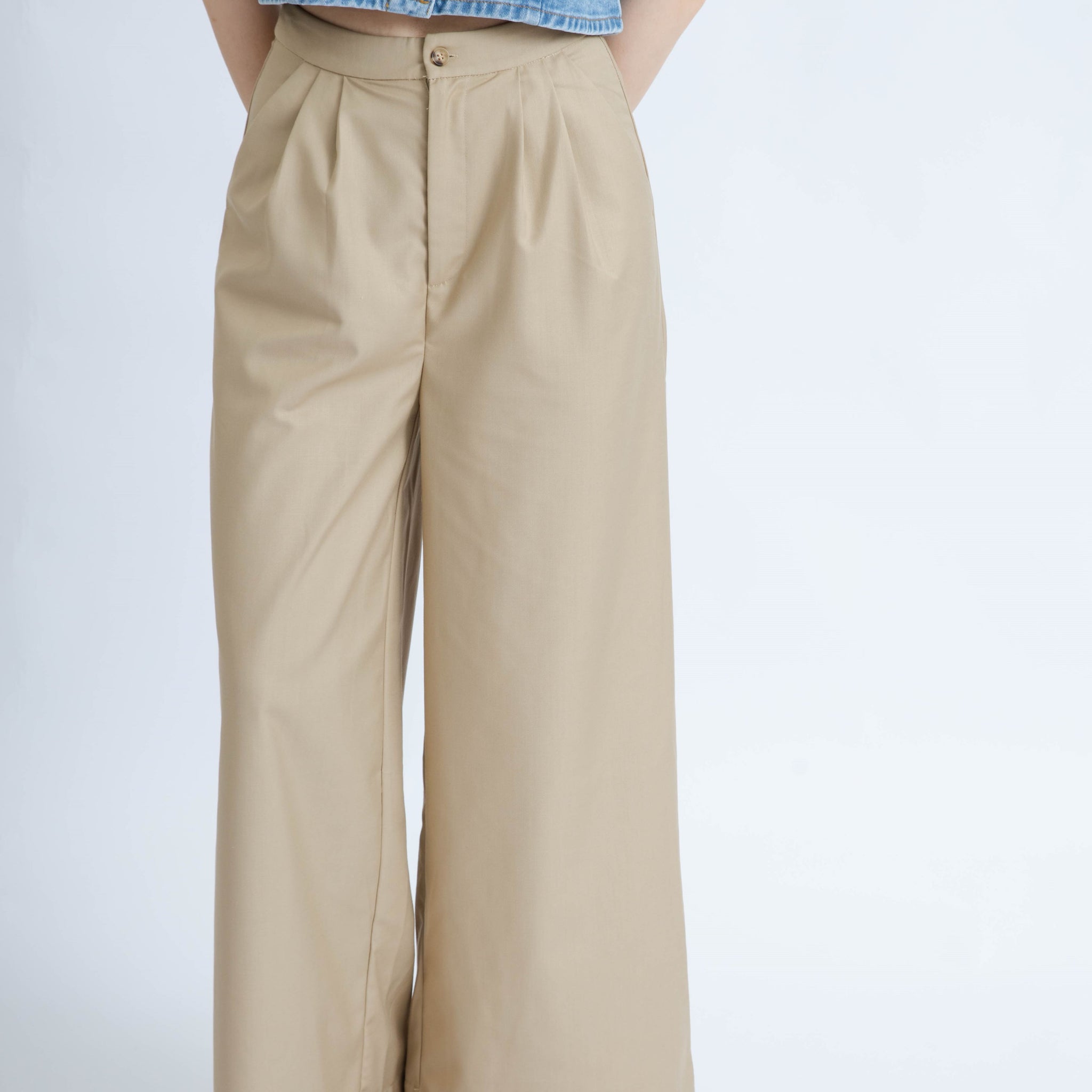 Front Pleated High Waist Pants (Khaki)