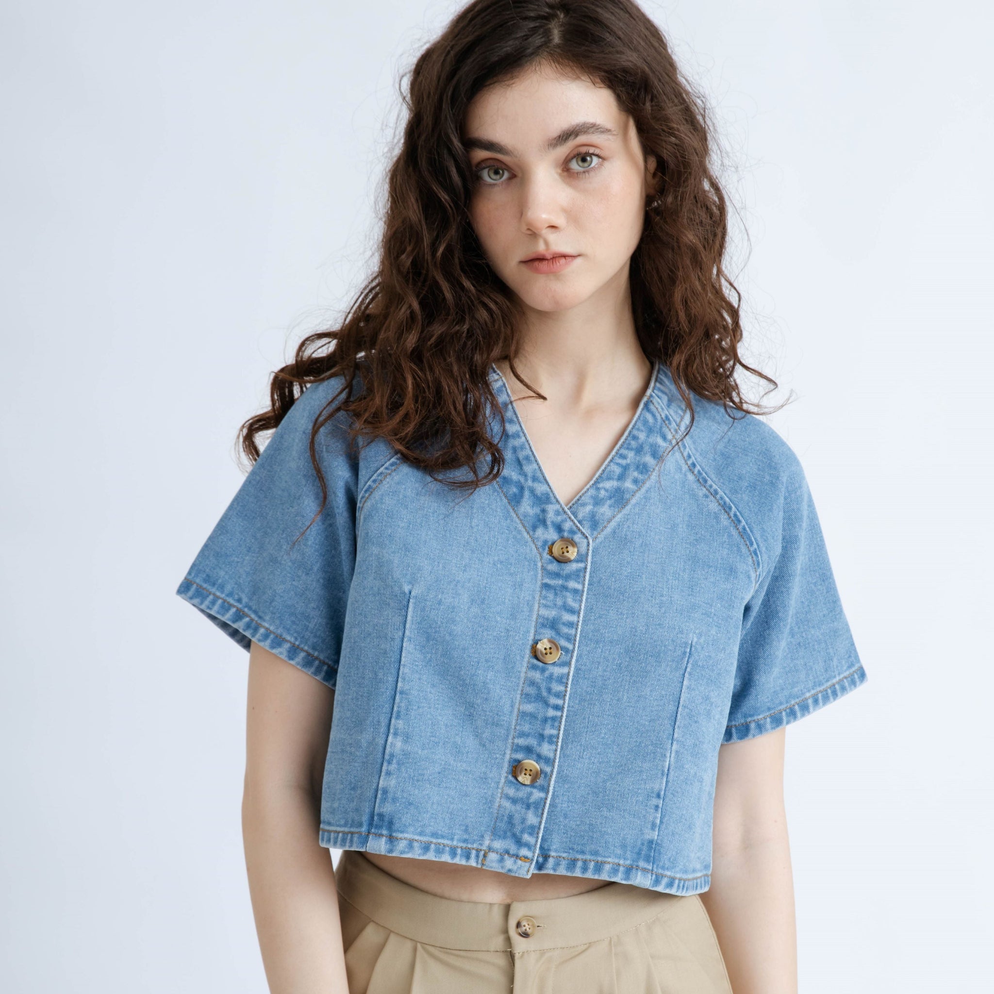 Raglan V Neck Short Sleeve Top (Denim)