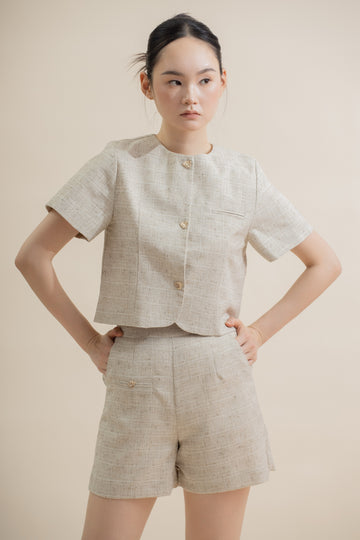 Mirelle Button Short Sleeve Top (Khaki Grey Mix)