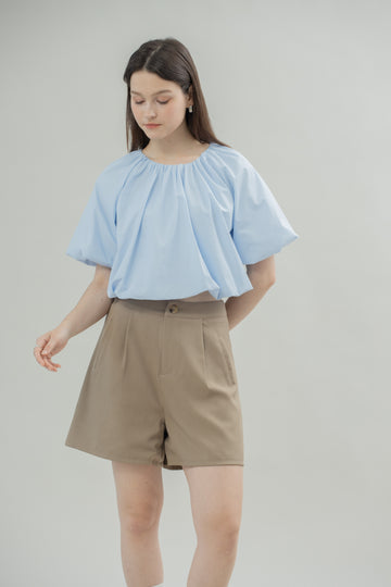 Two Way Pleated Balloon Sleeve Blouse (Light Blue)