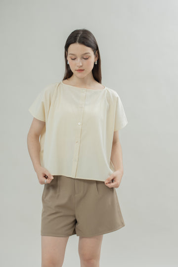 Boxy Square Button Down Top (Beige)