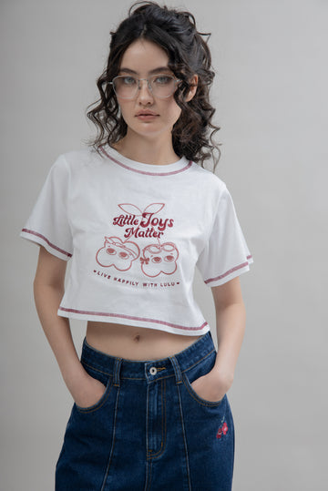 LULU Little Joys Matter Embroidery Crop Tee (Ivory)