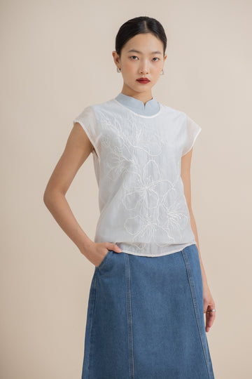 Sheer Blossom Embroidery Layered Top (Pastel Blue)