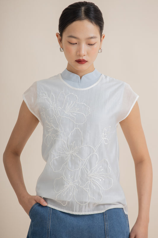 Sheer Blossom Embroidery Layered Top (Pastel Blue)