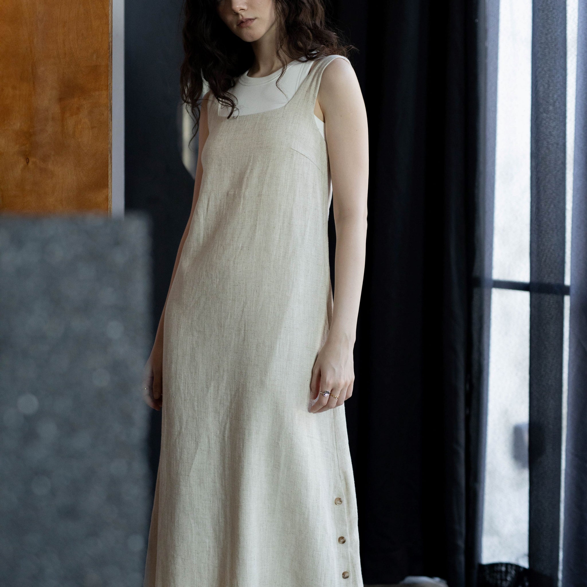 Linen Square Neck Sleeveless Maxi Dress (Beige)