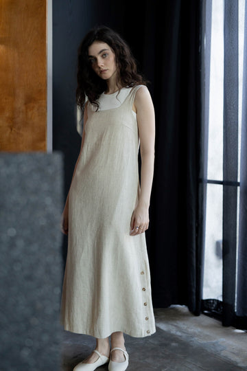 Linen Square Neck Sleeveless Maxi Dress (Beige)
