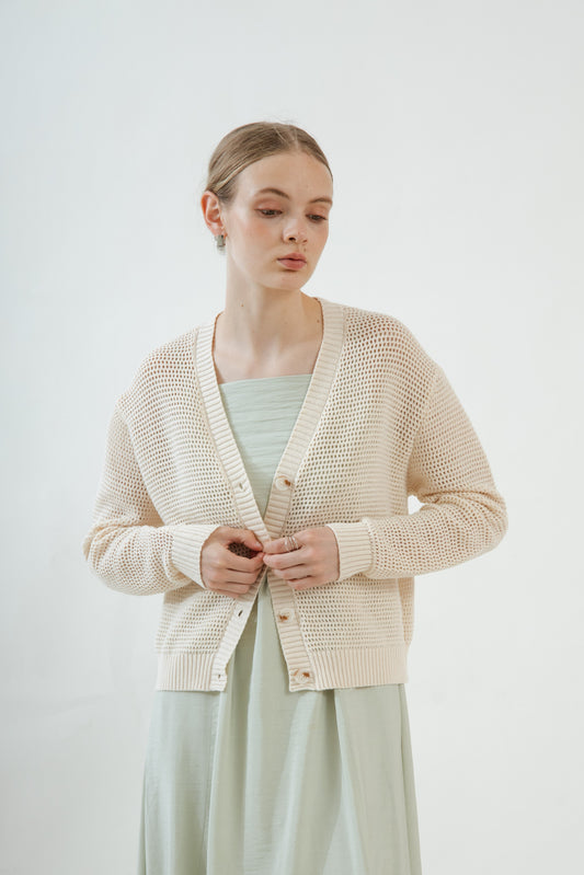 Hollow V Neck Knit Cardigan (Beige)
