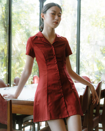 Notch Collar Tailored Dress (Red)
